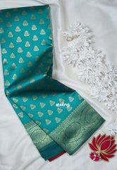 Bluish Green - Thendral - Kanchi Art Silk Saree with Leaf Border and Buttas - Perfect for Wedding Functions