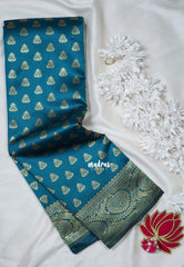 Dark Teal Blue - Thendral - Kanchi Art Silk Saree with Leaf Border and Buttas - Perfect for Wedding Functions