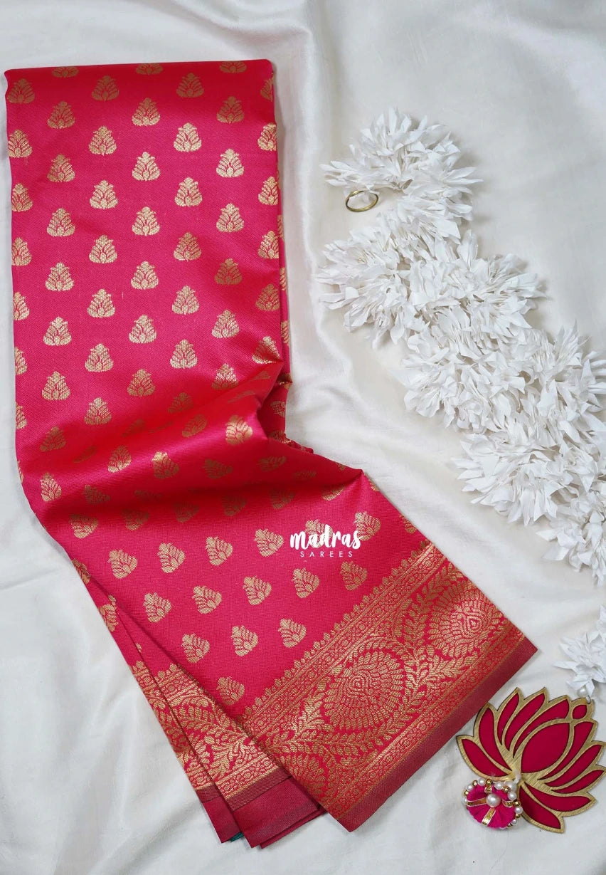Dual Shade Reddish Pink - Thendral - Kanchi Art Silk Saree with Leaf Border and Buttas - Perfect for Wedding Functions