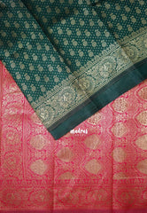 Bottle Green-D8 - Thendral - Kanchi Art Silk Saree with Flower Border and Buttas - Perfect for Wedding Functions