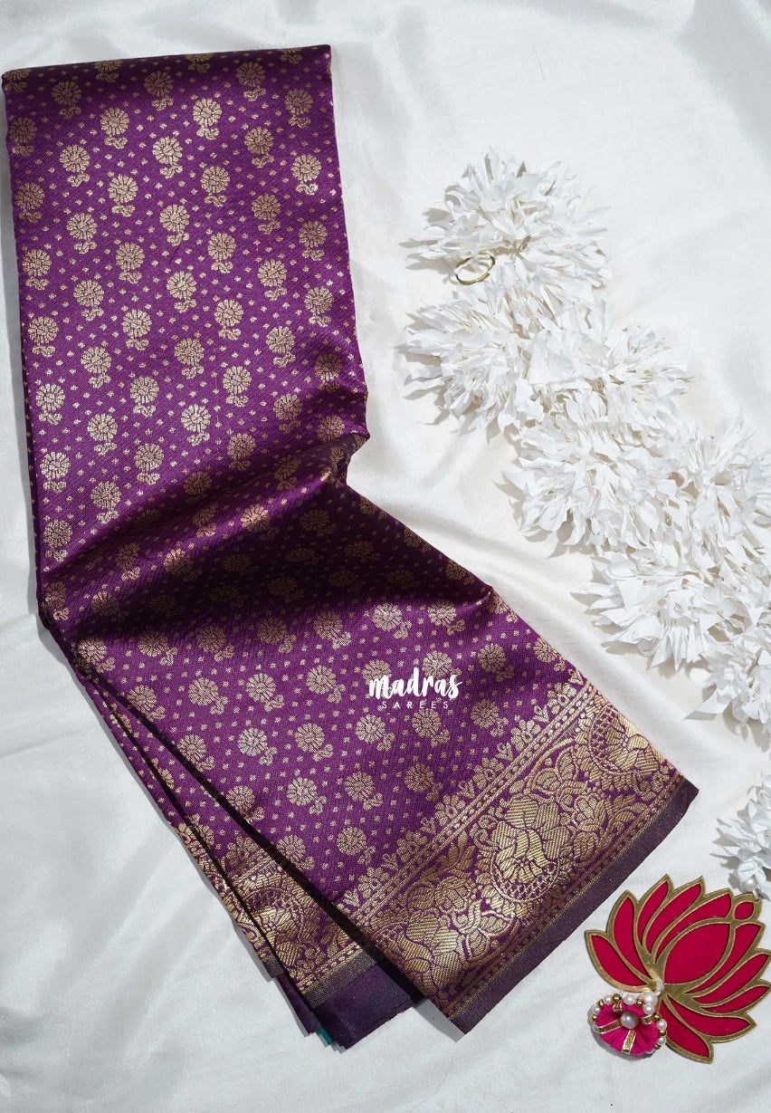Jamun Purple-D8 - Thendral - Kanchi Art Silk Saree with Flower Border and Buttas - Perfect for Wedding Functions