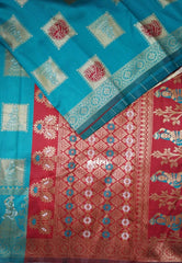 Teal Blue with Red - Thendral - Kanchi Art Silk Saree with Traditional Dancer Border and Buttas - Perfect for Wedding Functions