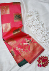 Peach Red - Thendral - Kanchi Art Silk Saree with Traditional Dancer Border and Buttas - Perfect for Wedding Functions
