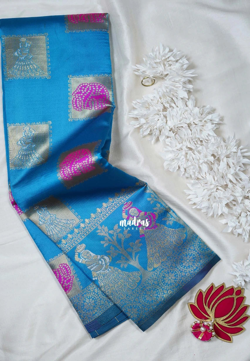 Ananda Blue - Thendral - Kanchi Art Silk Saree with Traditional Dancer Border and Buttas - Perfect for Wedding Functions