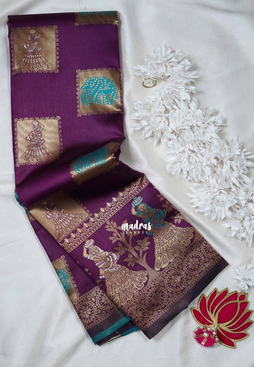 Jamun Purple - Thendral - Kanchi Art Silk Saree with Traditional Dancer Border and Buttas - Perfect for Wedding Functions