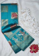 Teal Blue with Red - Thendral - Kanchi Art Silk Saree with Traditional Dancer Border and Buttas - Perfect for Wedding Functions