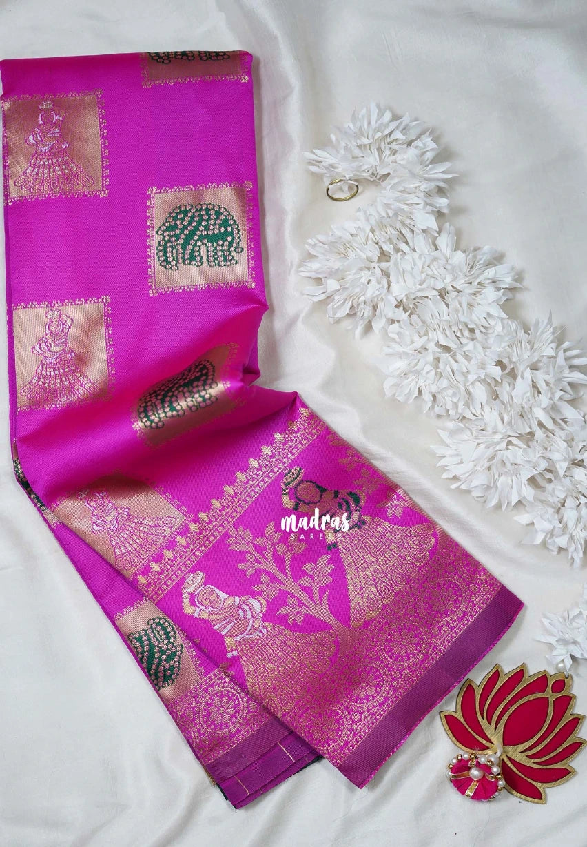 Bright Fuchsia Pink - Thendral - Kanchi Art Silk Saree with Traditional Dancer Border and Buttas - Perfect for Wedding Functions