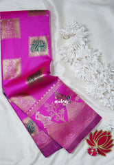 Bright Fuchsia Pink - Thendral - Kanchi Art Silk Saree with Traditional Dancer Border and Buttas - Perfect for Wedding Functions