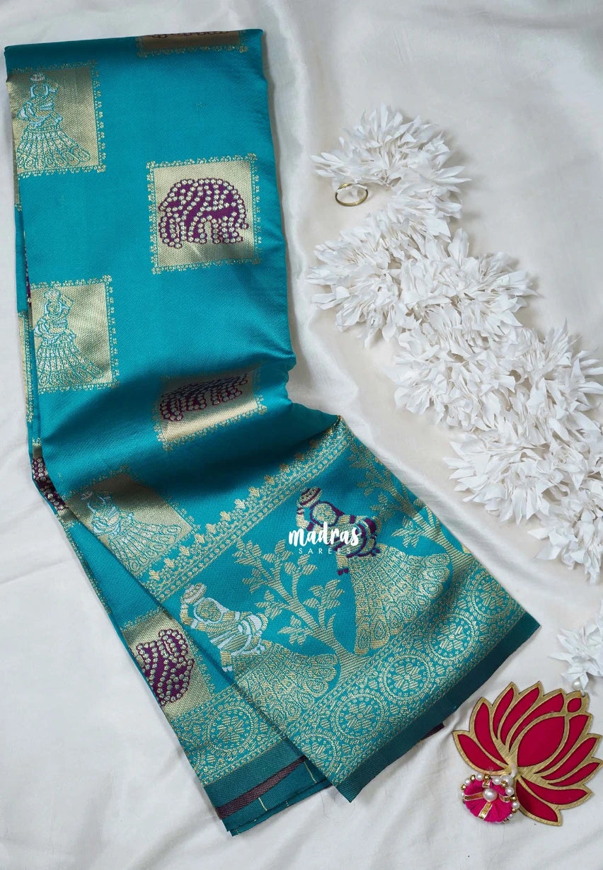 Teal Blue with Purple - Thendral - Kanchi Art Silk Saree with Traditional Dancer Border and Buttas - Perfect for Wedding Functions