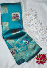 Teal Blue with Purple - Thendral - Kanchi Art Silk Saree with Traditional Dancer Border and Buttas - Perfect for Wedding Functions