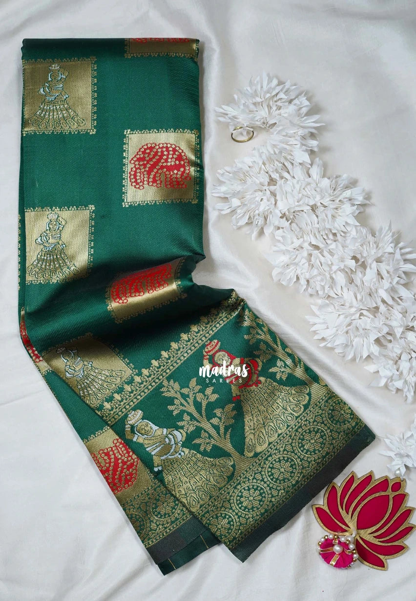 Bottle Green - Thendral - Kanchi Art Silk Saree with Traditional Dancer Border and Buttas - Perfect for Wedding Functions