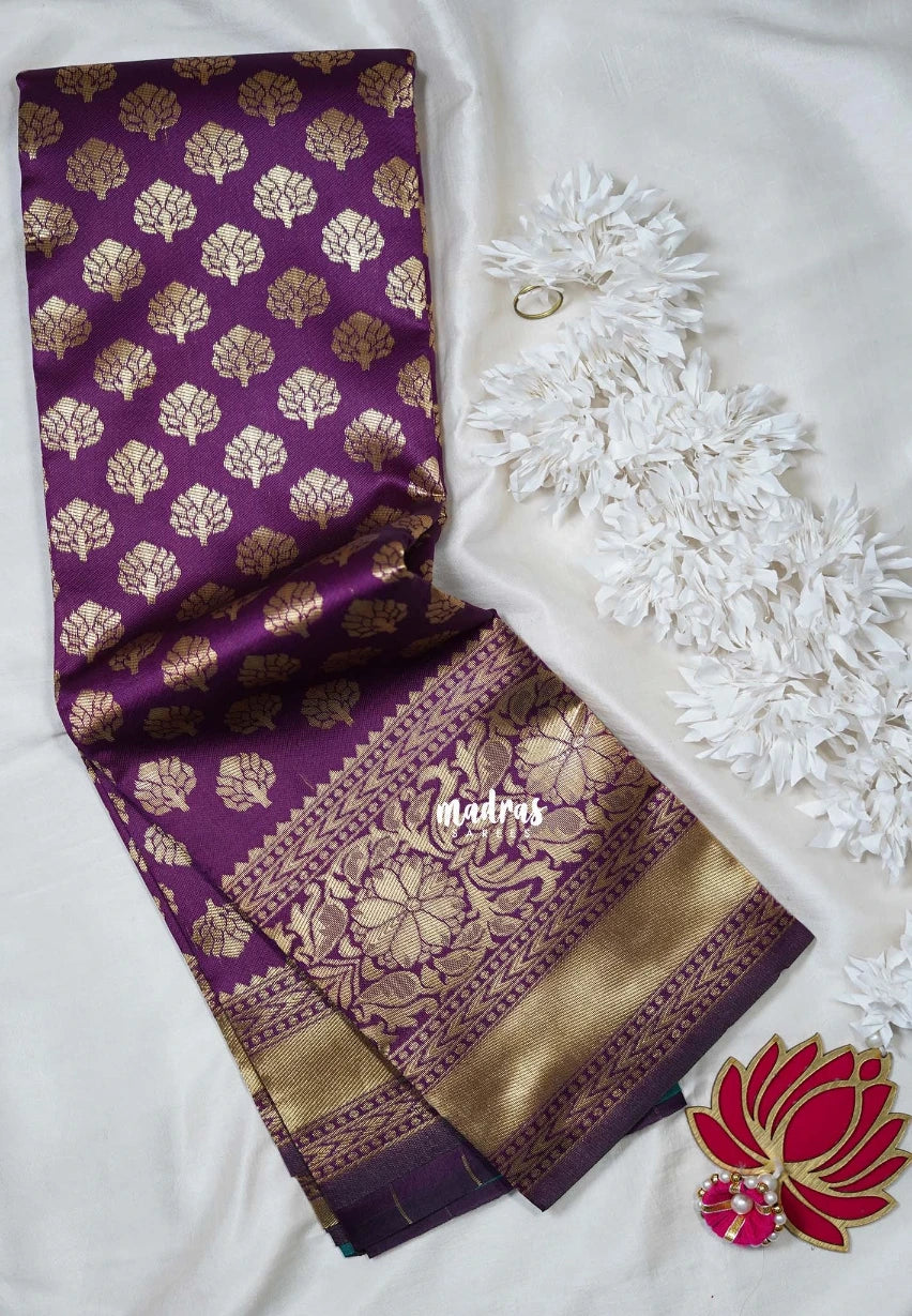 Jamun Purple-Floral - Thendral - Kanchi Art Silk Saree with Floral Border and Buttas - Perfect for Wedding Functions