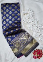 Navy Blue-Floral - Thendral - Kanchi Art Silk Saree with Floral Border and Buttas - Perfect for Wedding Functions