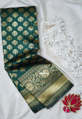 Emerald Green-Floral - Thendral - Kanchi Art Silk Saree with Floral Border and Buttas - Perfect for Wedding Functions