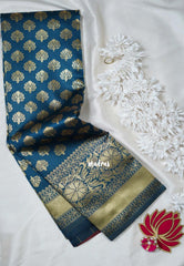 Dark Teal Blue-Floral - Thendral - Kanchi Art Silk Saree with Floral Border and Buttas - Perfect for Wedding Functions