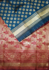 Dark Teal Blue-Floral - Thendral - Kanchi Art Silk Saree with Floral Border and Buttas - Perfect for Wedding Functions