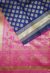 Navy Blue-Floral - Thendral - Kanchi Art Silk Saree with Floral Border and Buttas - Perfect for Wedding Functions
