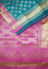 Teal Blue-Floral - Thendral - Kanchi Art Silk Saree with Floral Border and Buttas - Perfect for Wedding Functions