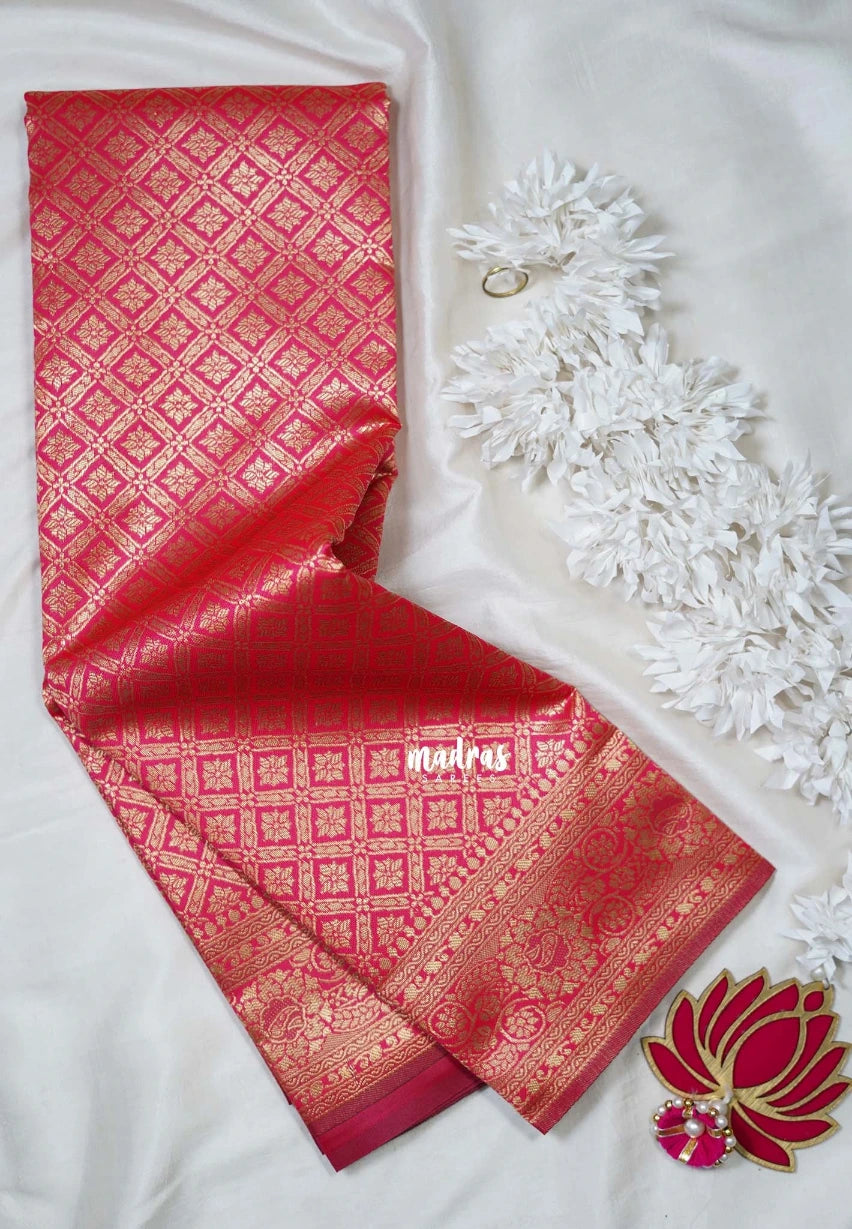 Reddish Pink-D3 - Thendral - Kanchi Art Silk Saree with Flower Border and Buttas - Perfect for Festive Wear