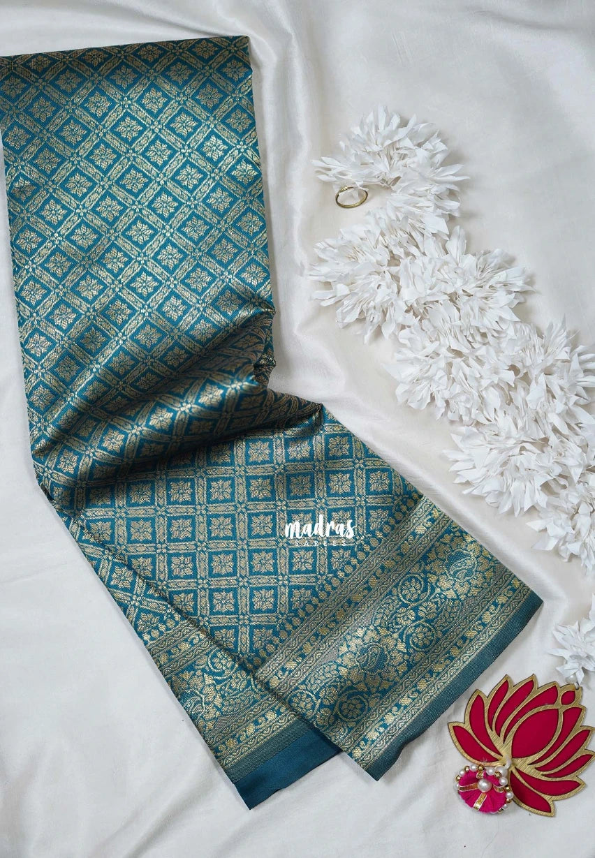 Dark Teal-D3 - Thendral - Kanchi Art Silk Saree with Flower Border and Buttas - Perfect for Festive Wear