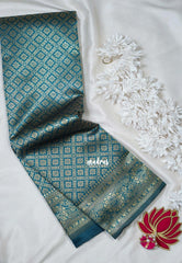 Dark Teal-D3 - Thendral - Kanchi Art Silk Saree with Flower Border and Buttas - Perfect for Festive Wear