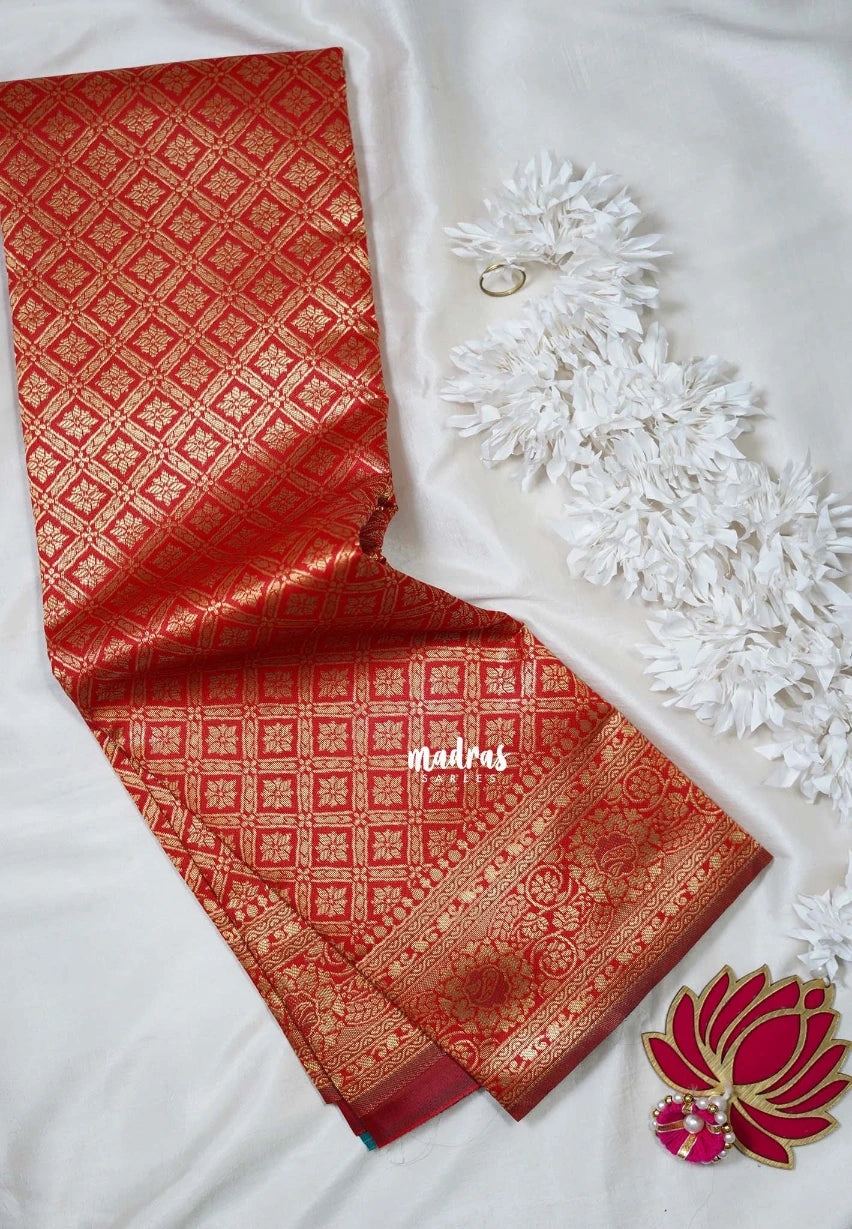 Chilli Red-D3 - Thendral - Kanchi Art Silk Saree with Flower Border and Buttas - Perfect for Festive Wear