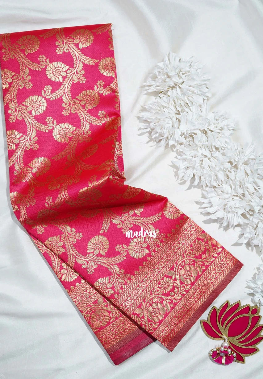 Reddish Pink-D7 - Thendral - Kanchi Art Silk Saree with Kodi Flower Border - Perfect for Wedding Functions
