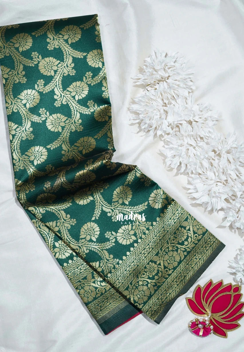 Bottle Green-D7 - Thendral - Kanchi Art Silk Saree with Kodi Flower Border - Perfect for Wedding Functions