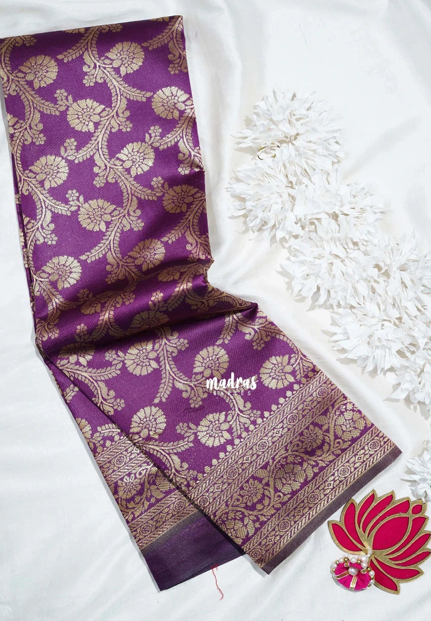 Jamun Pueple-D7 - Thendral - Kanchi Art Silk Saree with Kodi Flower Border - Perfect for Wedding Functions