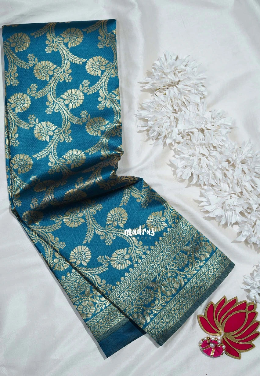 Teal Blue-D7 - Thendral - Kanchi Art Silk Saree with Kodi Flower Border - Perfect for Wedding Functions