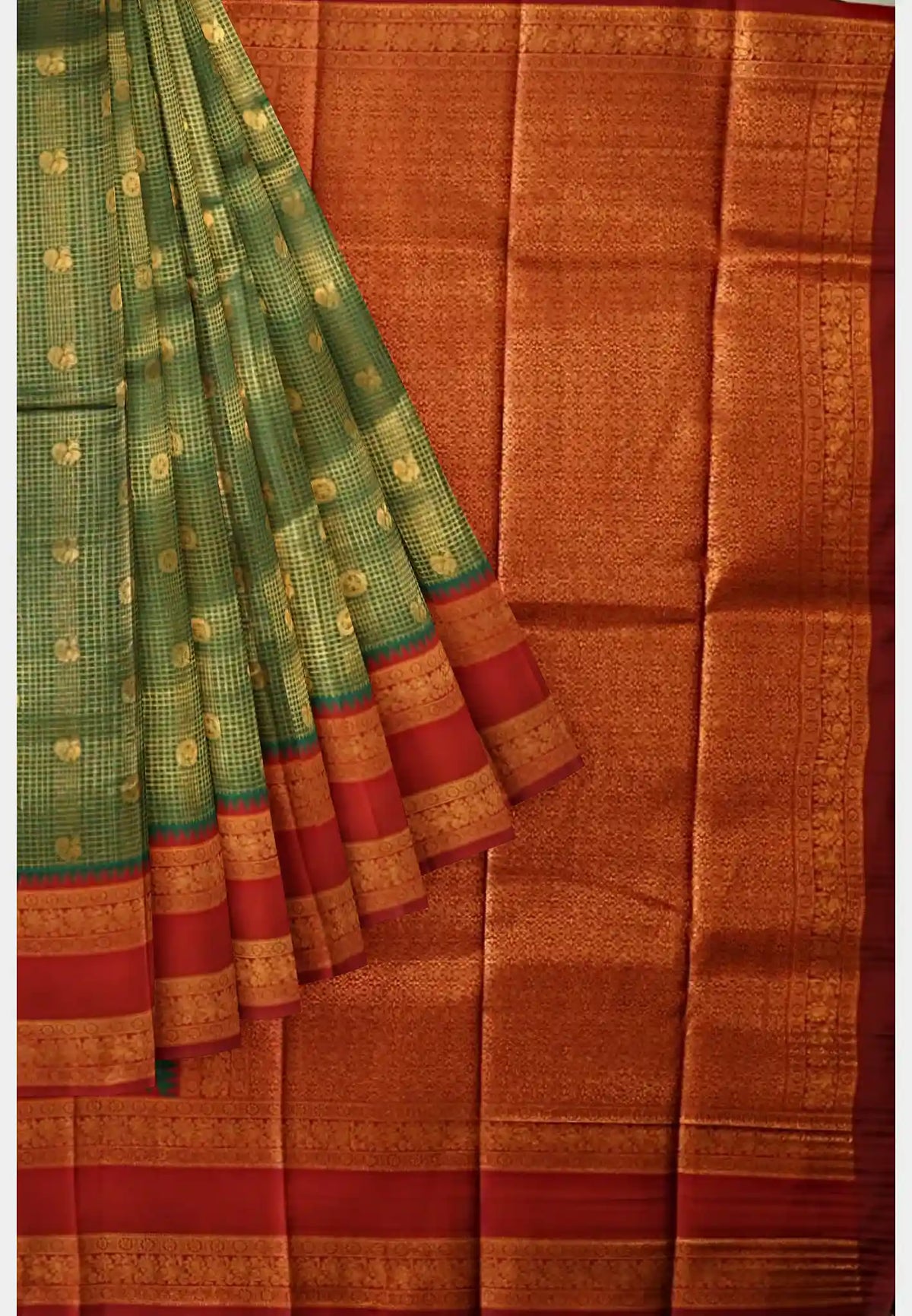 Thendral - Kanchi semi silk mayil checks body rettapetta border - Green with maroon border