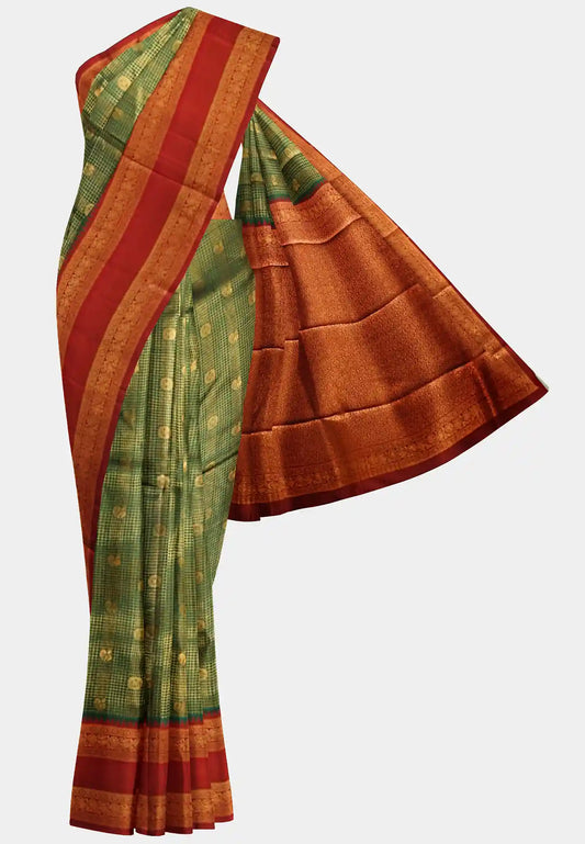 Thendral - Kanchi semi silk mayil checks body rettapetta border - Green with maroon border