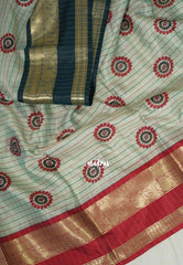 Dual Shade Grey Green - Thendral - Kanchi Semi Silk Saree Checks with Buttas and Ganga Jamuna Border - Perfect for Wedding Functions