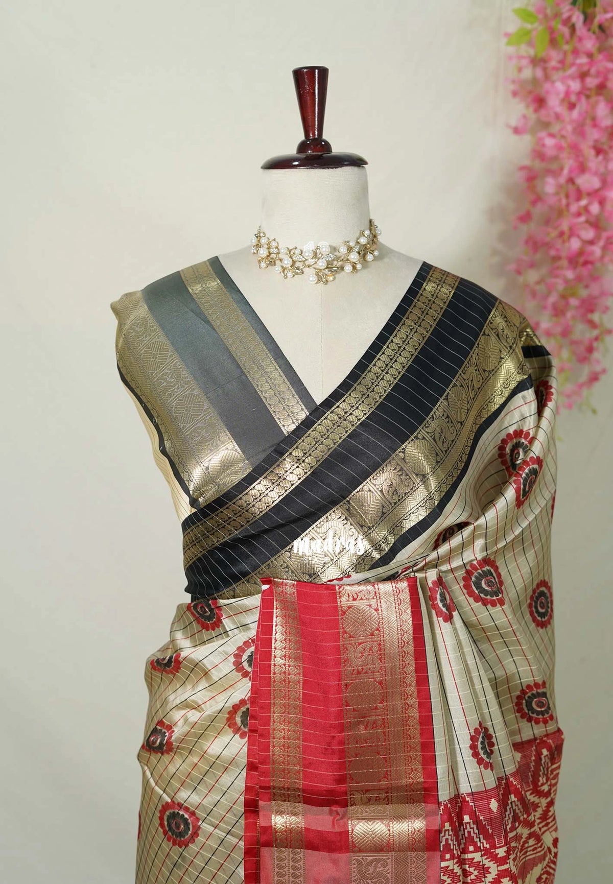 Beige Grey - Thendral - Kanchi Semi Silk Saree Checks with Buttas and Ganga Jamuna Border - Perfect for Wedding Functions
