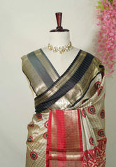 Beige Grey - Thendral - Kanchi Semi Silk Saree Checks with Buttas and Ganga Jamuna Border - Perfect for Wedding Functions