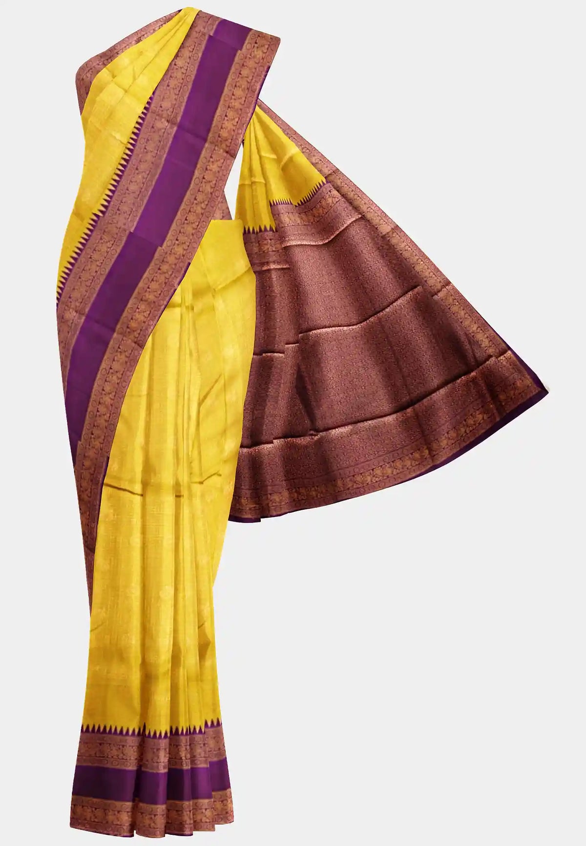 Thendral - Kanchi semi silk mayil checks body rettapetta border - Yellow with pink border