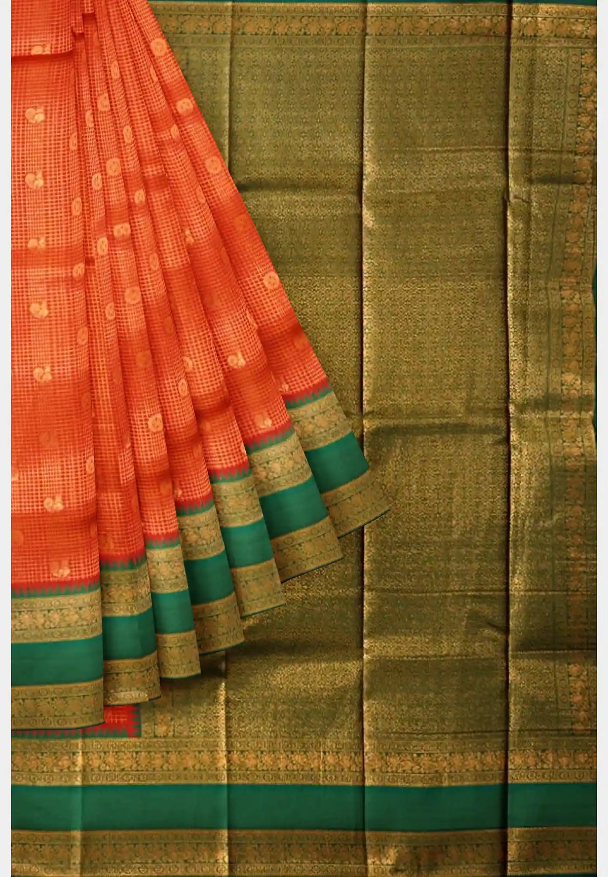 Thendral - Kanchi semi silk mayil checks body rettapetta border - Red with green border