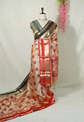 Muted Pale Red - Thendral - Kanchi Semi Silk Saree Checks with Buttas and Ganga Jamuna Border - Perfect for Wedding Functions