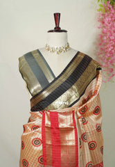 Muted Pale Red - Thendral - Kanchi Semi Silk Saree Checks with Buttas and Ganga Jamuna Border - Perfect for Wedding Functions