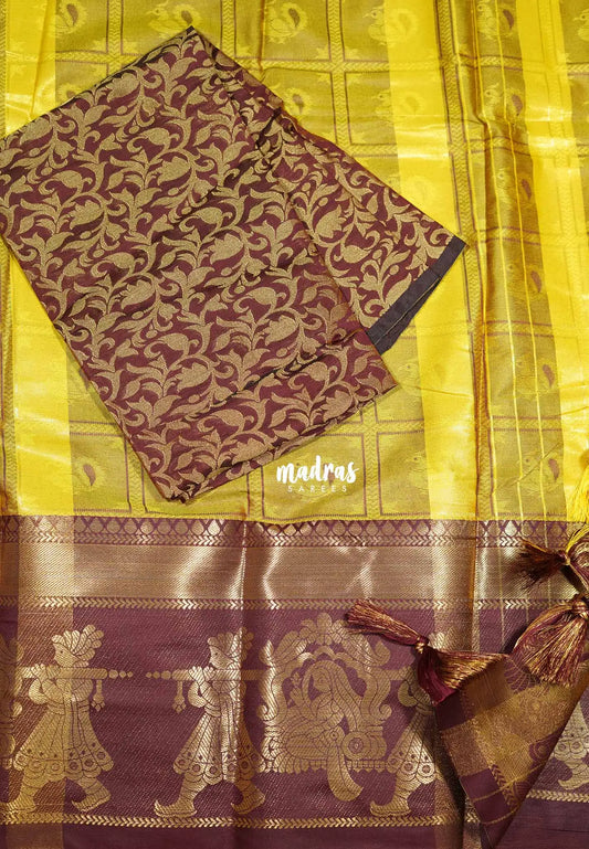 Greenish yellow - Thendral - Kanchi semi silk with thread weaving body pallaku border