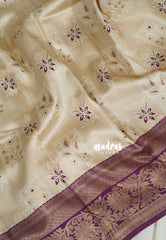 Ivory with Gold - Thendral - Kanchi Semi Silk Flower Border with Buttas - Best for Diwali Festive
