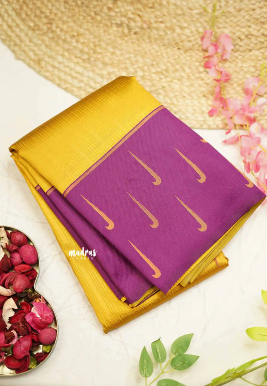 Thendral - Kanchi semi silk Saree stripes with paithani border - Golden yellow with purple