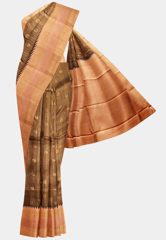 Thendral - Kanchi semi silk mayil checks body rettapetta border - Brown with peach border