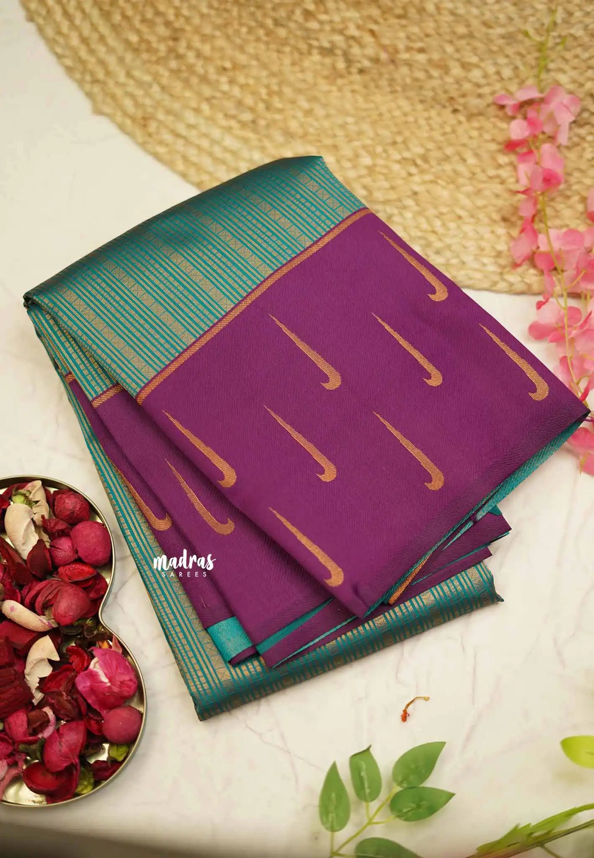 Thendral - Kanchi semi silk Saree stripes with paithani border - Teal with purple