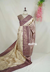 Ivory with Gold - Thendral - Kanchi Semi Silk Flower Border with Buttas - Best for Diwali Festive