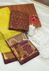 Greenish yellow - Thendral - Kanchi semi silk with thread weaving body pallaku border
