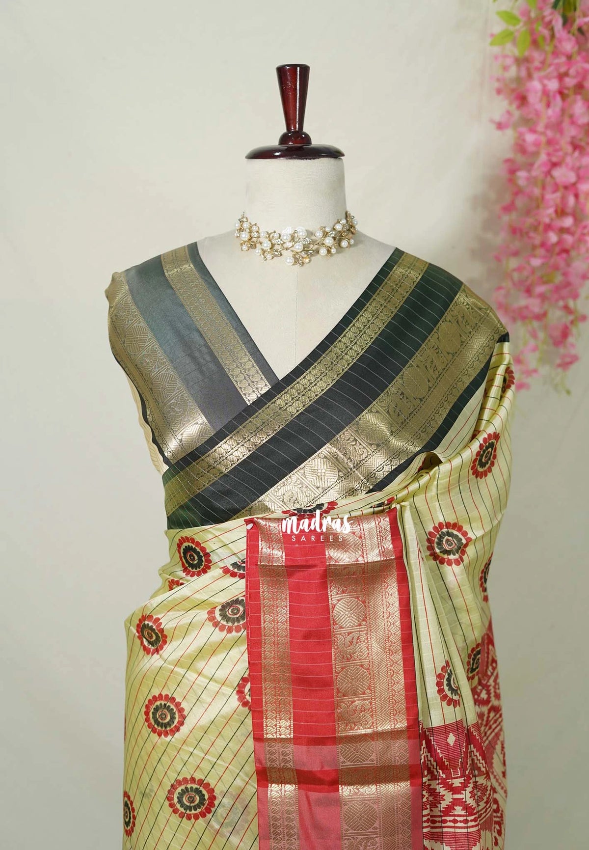 Creamy Butter - Thendral - Kanchi Semi Silk Saree Checks with Buttas and Ganga Jamuna Border - Perfect for Wedding Functions