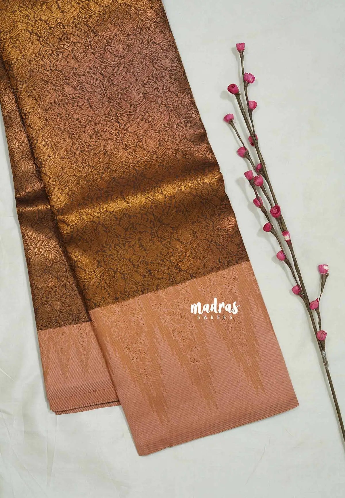 Thendral - Kanchi semi silk Saree vanasingaram with temple border - Brown with peach border