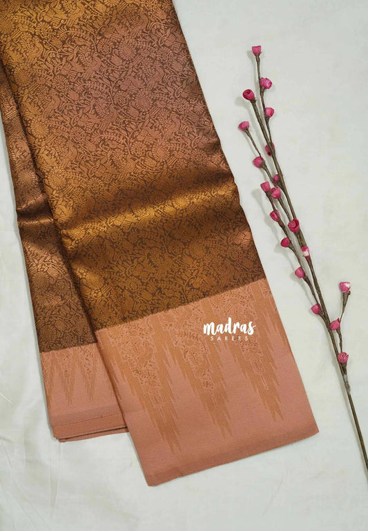 Thendral - Kanchi semi silk Saree vanasingaram with temple border - Brown with peach border