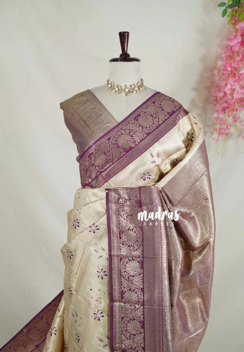 Ivory with Gold - Thendral - Kanchi Semi Silk Flower Border with Buttas - Best for Diwali Festive